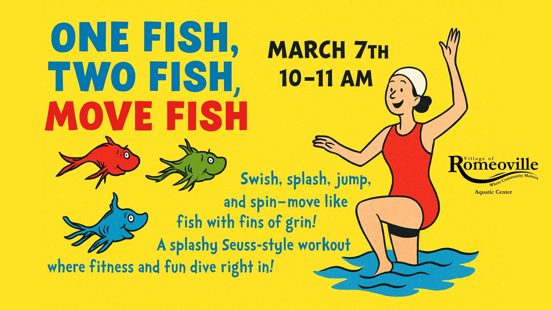 illustration in Dr Suess style of woman in pool with colorful fish on bright yellow background 