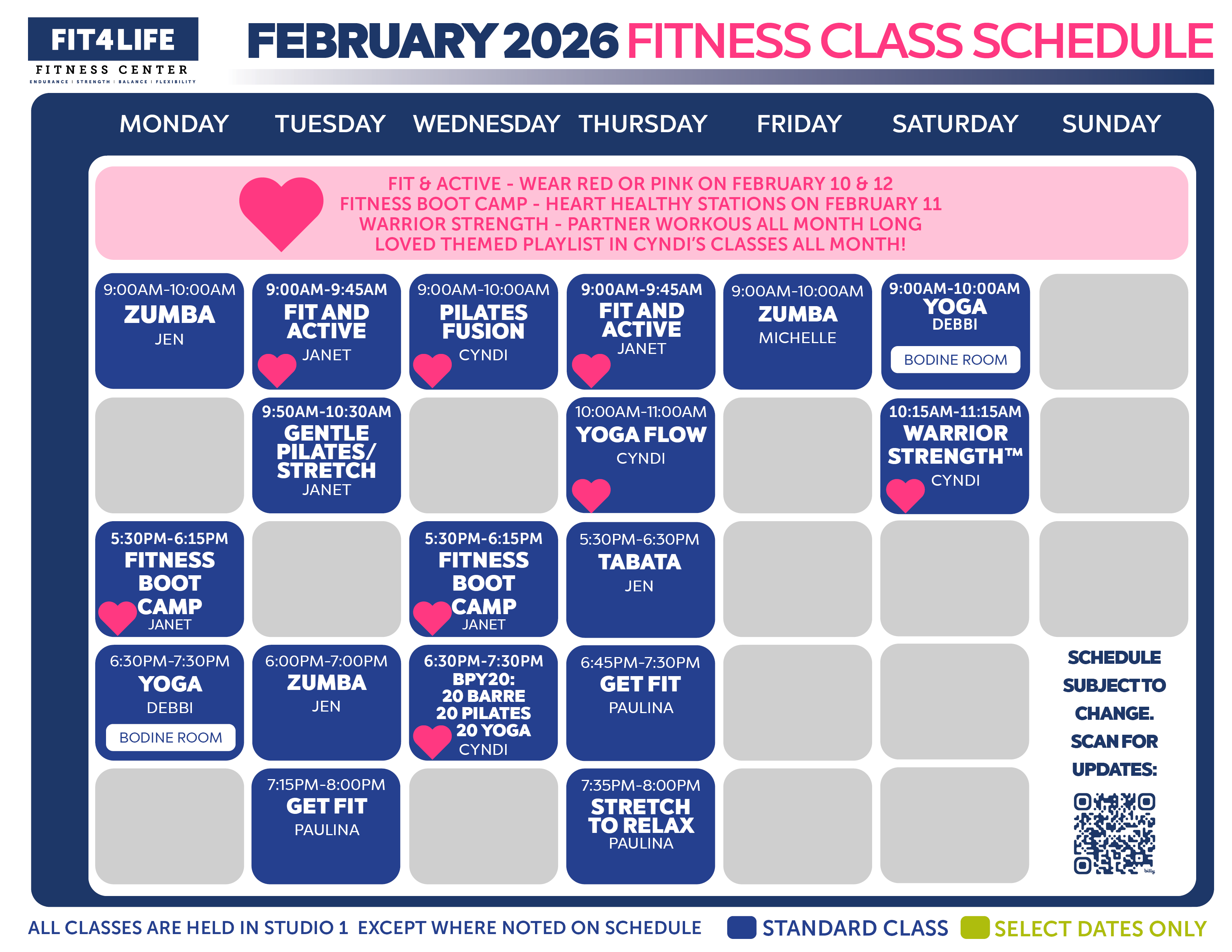 calendar of fitness classes offered by Fit 4 Life in February