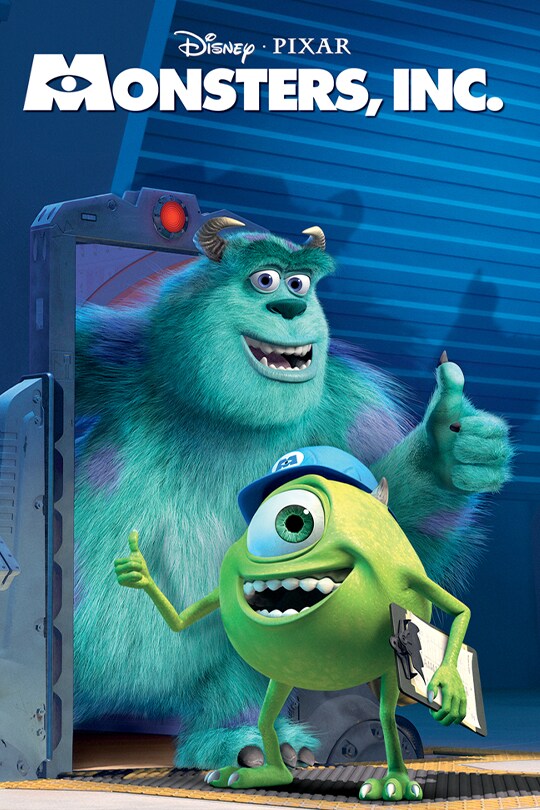Monsters, Inc showing characters Sully (big furry blue with purple spots) and Mike (round and green)